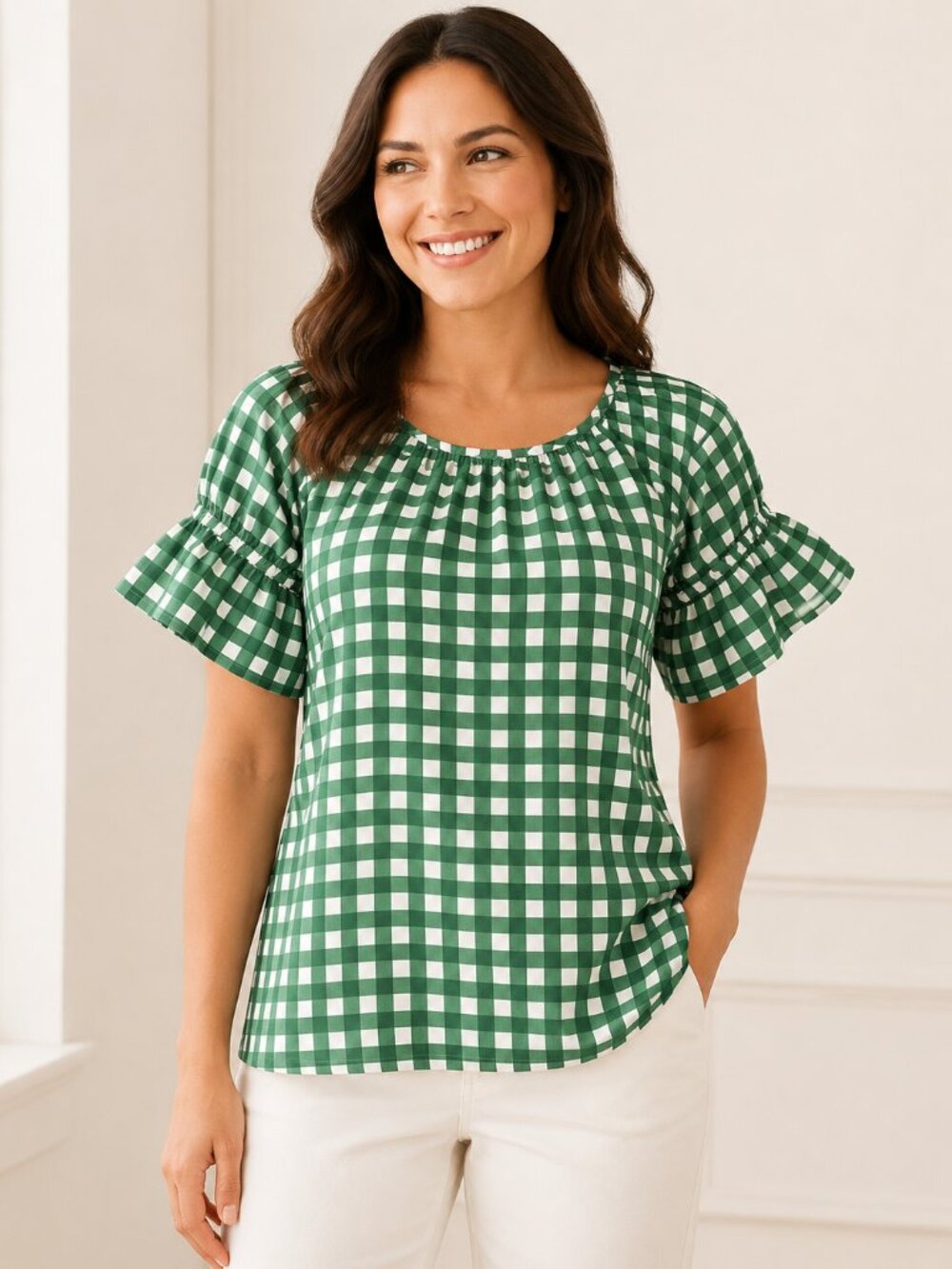 Ann Taylor Women L Green Gingham Blouse Ruffle Sleeve Picniccore Cottagecore